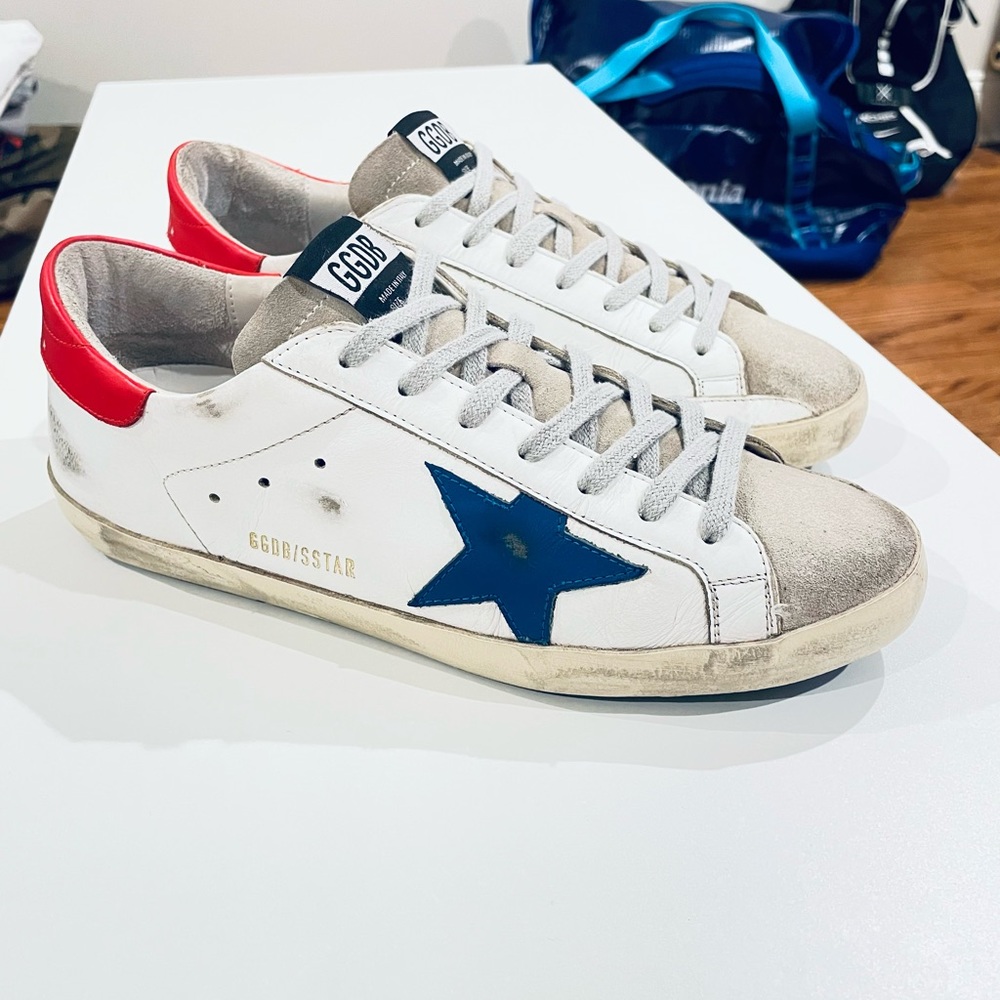 Golden Goose White and Blue Sneakers with Red Accents